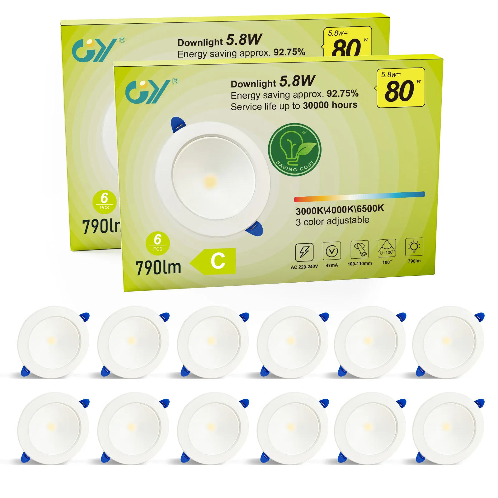 gy-スポットダウンライト-58w-790-ルーメン、80w-ハロゲン交換用、100-°-広角ビーム、調光可能、クラスc