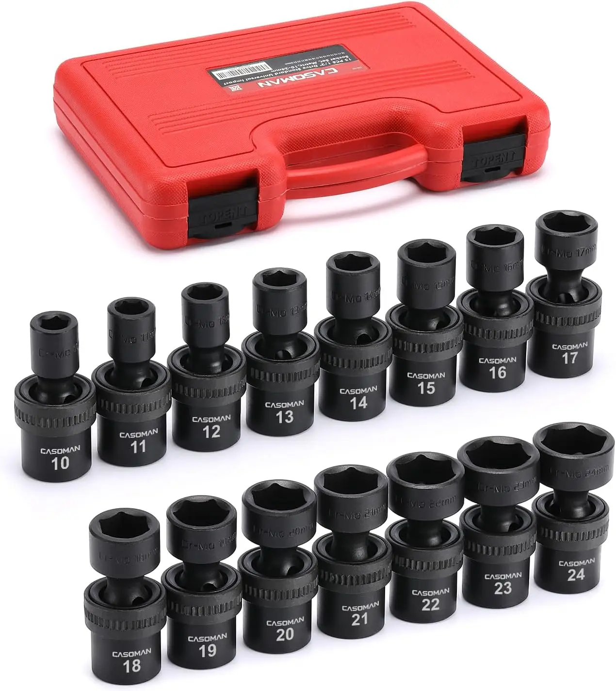 

15 PCS 1/2" Drive Universal Impact Socket Set, 6 Point, Metric, 10-24mm