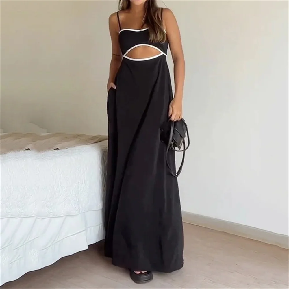 

Summer Black Sling Maxi Dress for Women Fashion Sleeveless Hollow Out Backless Lace Up Beach Long Dresses Lady Vestidos