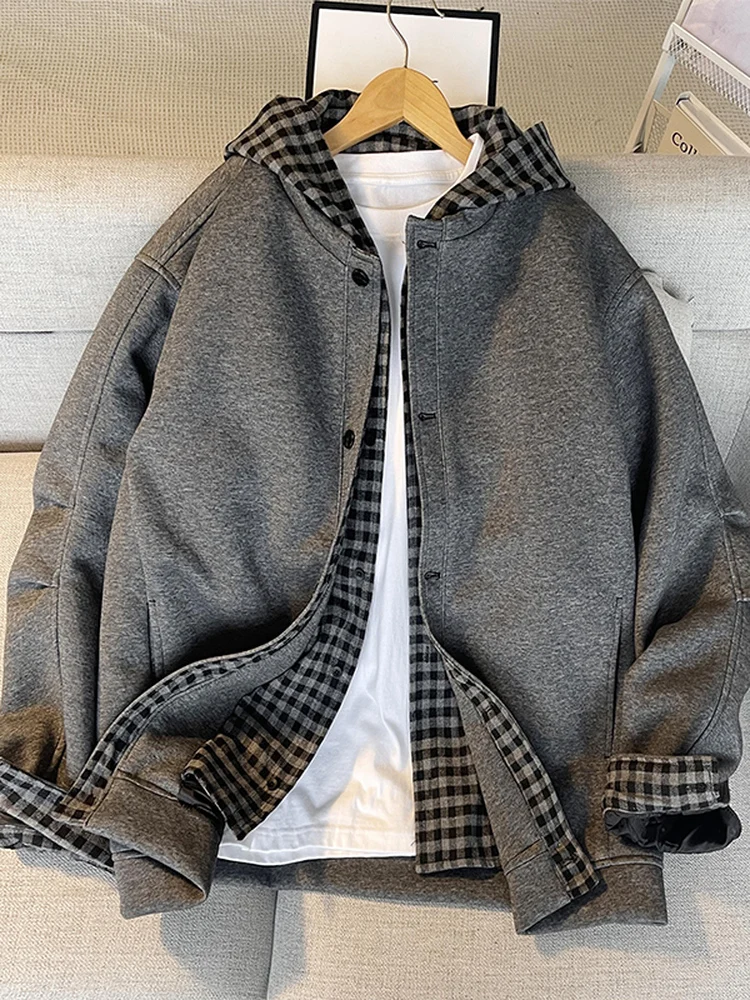 

Мужской кардиган с капюшоном в американском стиле, имитация двухслойности, осенне-зимний, утепленный, премиум-класса, с клетчатыми вставками, парная куртка