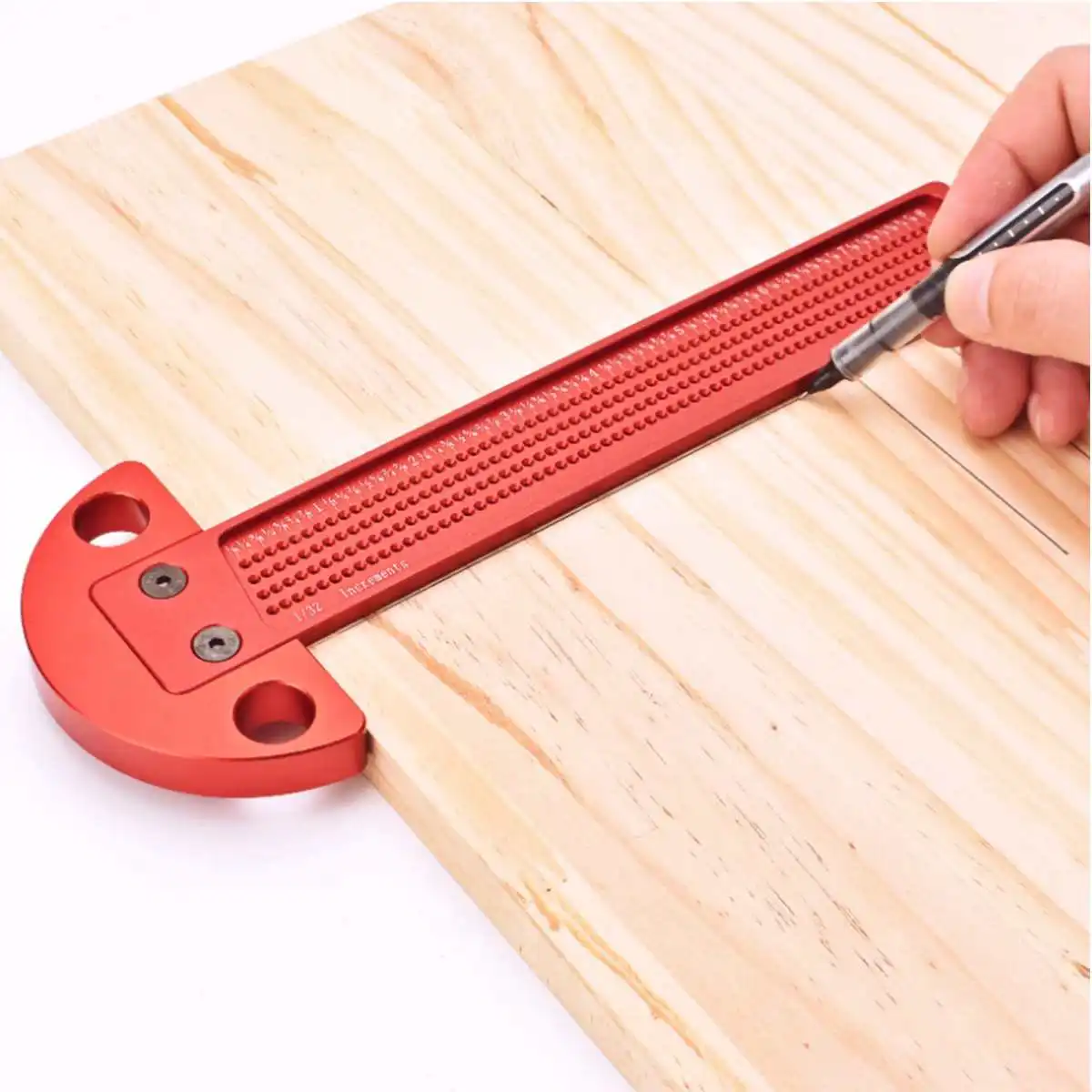 Penggaris aluminium Aloi persegi T, Woodworking selesai 1/32 inci 1MM lubang presisi jarak sudut kanan pengukur