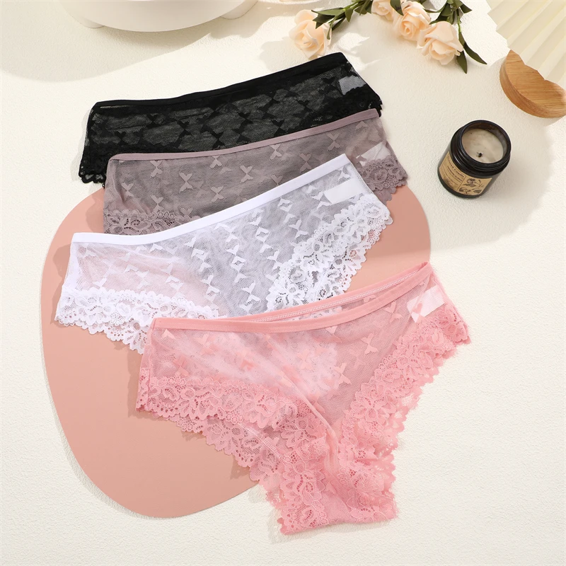 FINETOO 3PCS Women\'s Lace Panties Sexy Perspective Underwear Briefs Female Solid Color Hollow Out Lingerie Floral Intimates S-XL