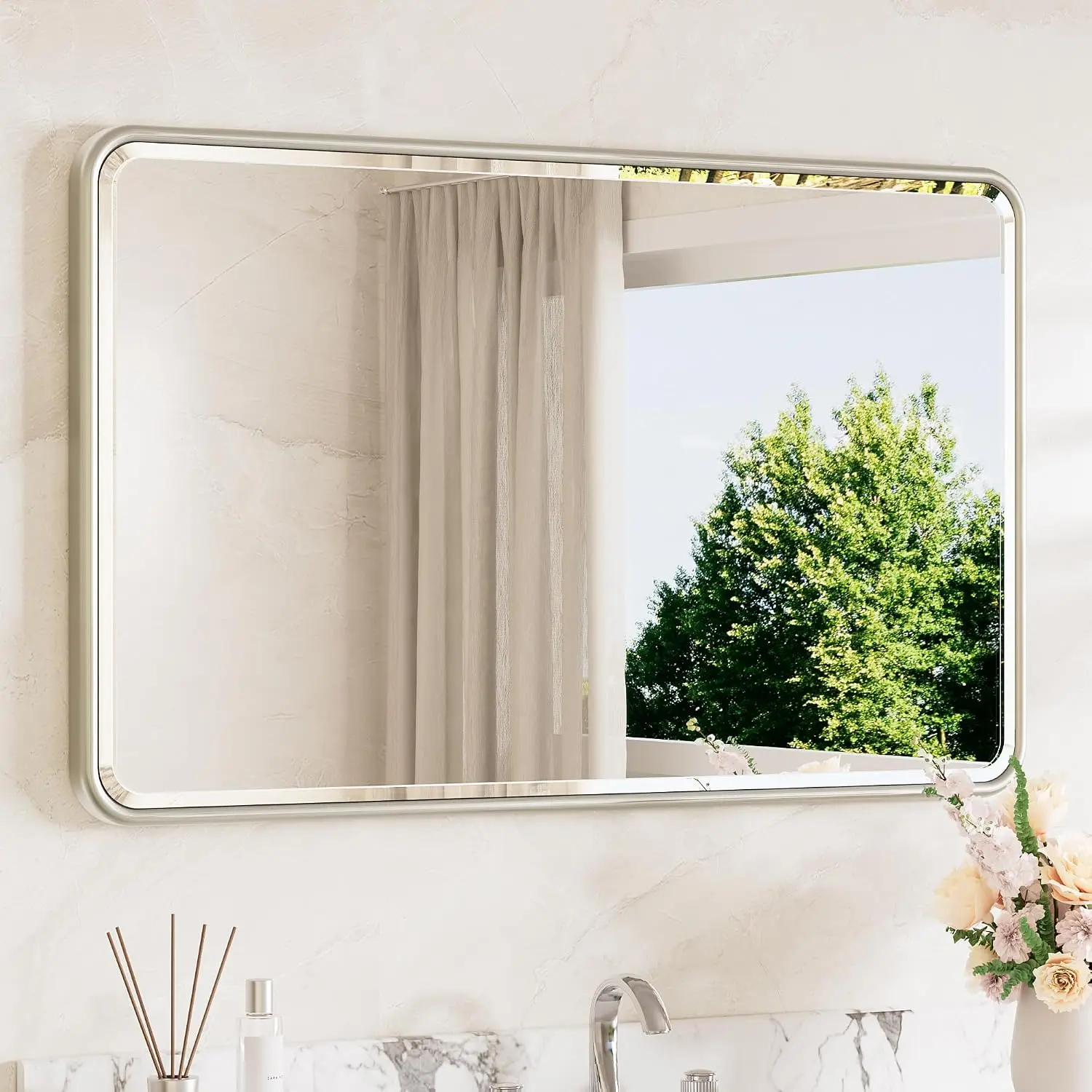 Brushed Nickel Bathroom Vanity Mirror 40x24 Beveled Edge Tempered Glass Rounded Corner Rectangle Wall Modern Living Room Bedroom