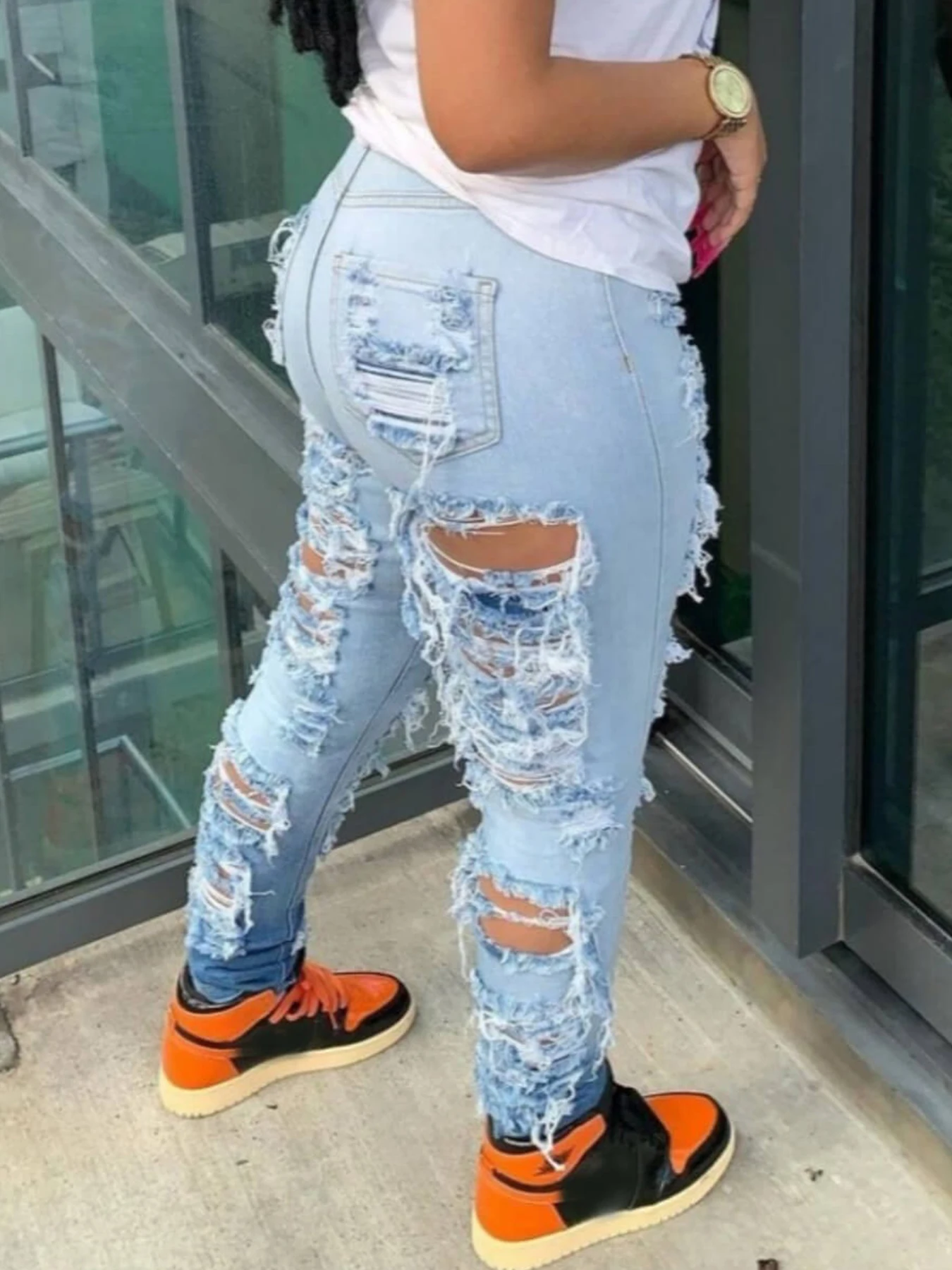 New Style Ripped High Waist Stretch Slim Fit Women's Jeans, High Quality Fashionable Casual Comfortable Jeans, Suitable for All Seasons Daily Wear