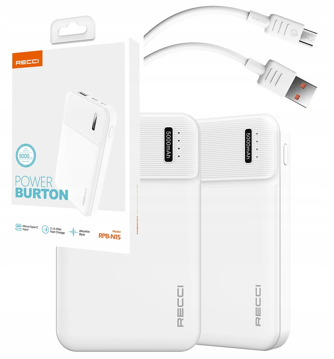 SZYBKI Mocny Power Bank 5000mAh Z Szybkim Ładowaniem 2.1A USB C I Kablem Do Ładowania Telefonu, Akcesoria Do Telefonów Komórkowych