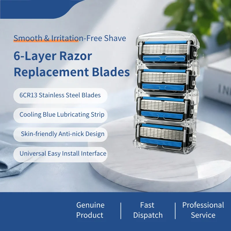 6CR13 Stainless Steel 6 Layer Razor Refill Cartridges 4Pcs/Box Men Shaver Blades With Lubricating Strip Compatible With Mach Ser