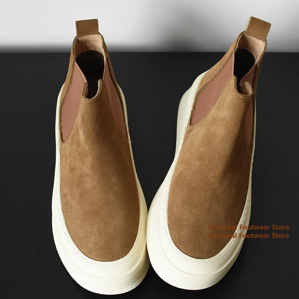 Vintage Brown/gray Suede Chelsea Boots for Men Round Toe Elastic Band Thick Soled British Style Handmade Men's Shoes Botas Mujer