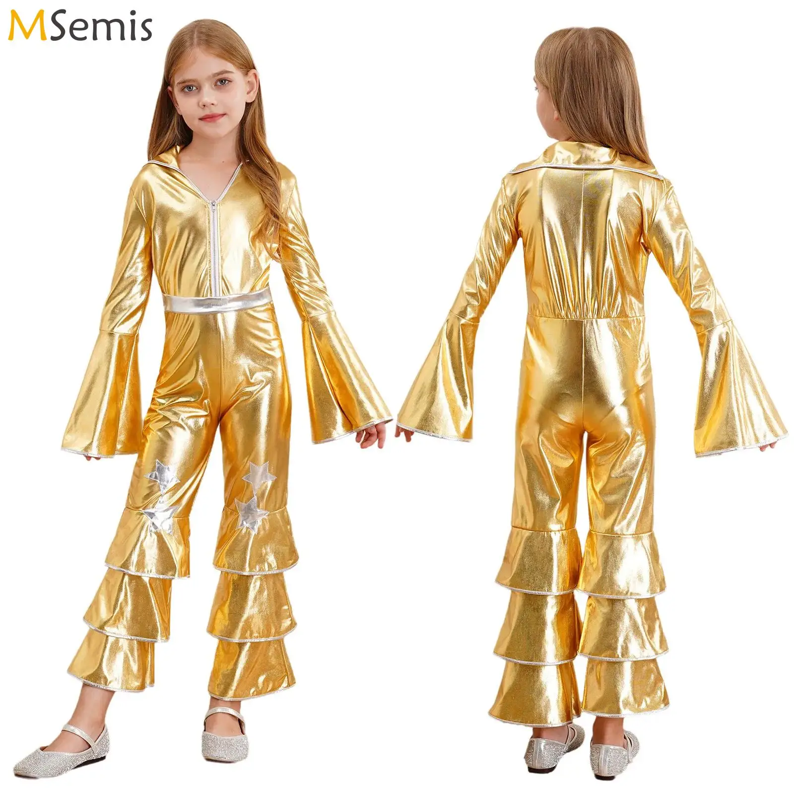 

Kid Girls Vintage 1970s Disco Hippie Costume Halloween Carnival Cosplay Stage Performance Dancing Jumpsuit Shiny Singer Hippies