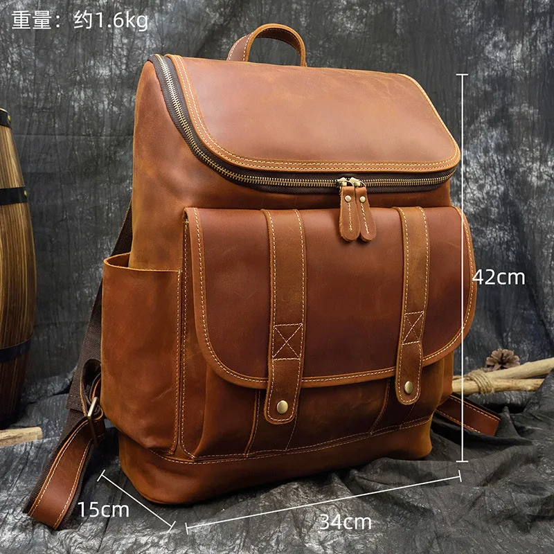 

Retro men's simple fashion with leather crazy horse leather multi-functional large capacity notebook travel backpack