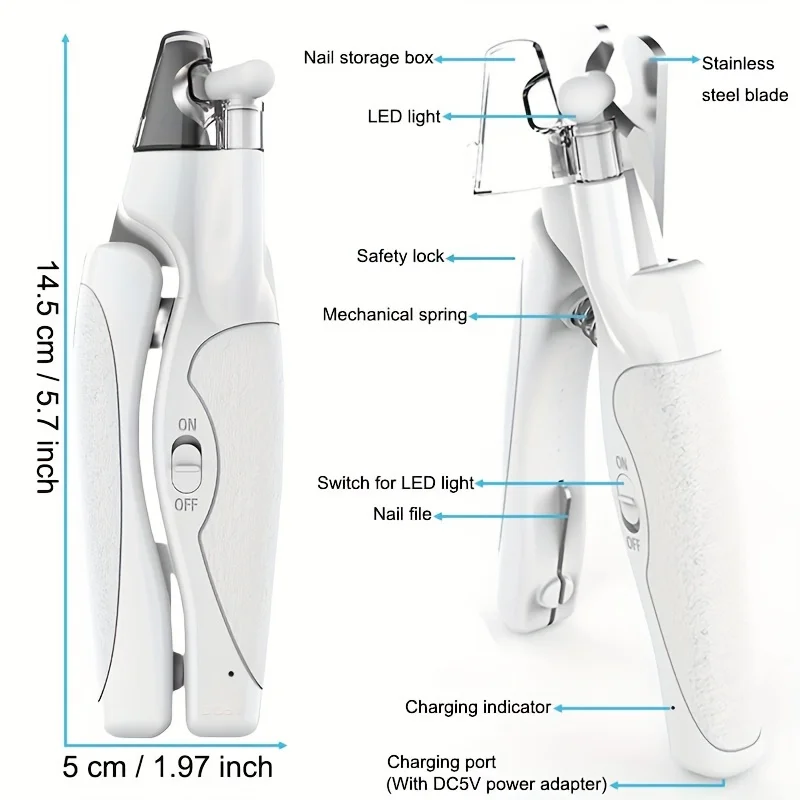 LED Pet Nail Clippers, Cat Clippers, Dog Clippers, USB Rechargeable,anti-snag Nail Splatter, Suitable for Pets of All Sizes.