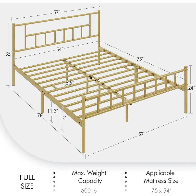 Cadre de lit à plateforme en métal pleine grandeur, planche de sauna et pied de lit, rangement, sans boîte, base de matelas nécessaire, or antique, 13 po