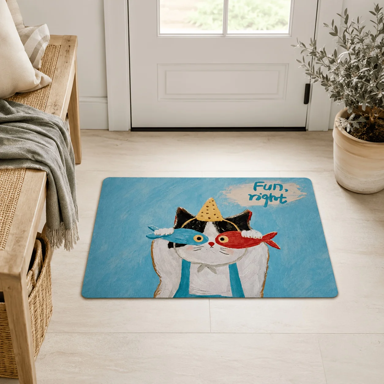 Cute Cartoon Cat Door Mat, Funny Fish Holding Pet Floor Rug, Blue Background Entryway Carpet for Home Decor