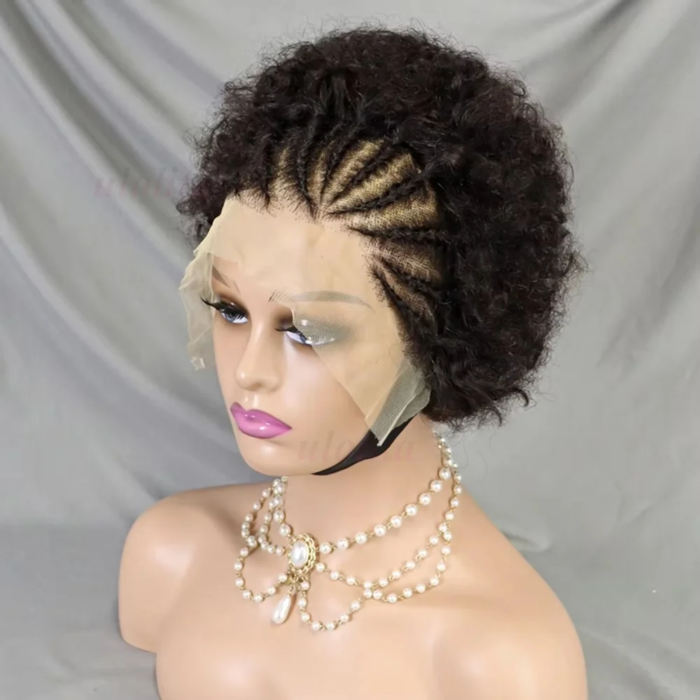 Highlight Ombre Geflochtene Perücken Echthaar Afro Puff Lace Frontal Haarperücken Afro Kinky Curly Echthaar 13x4 Lace Front Vorgeflochten – Detail 8