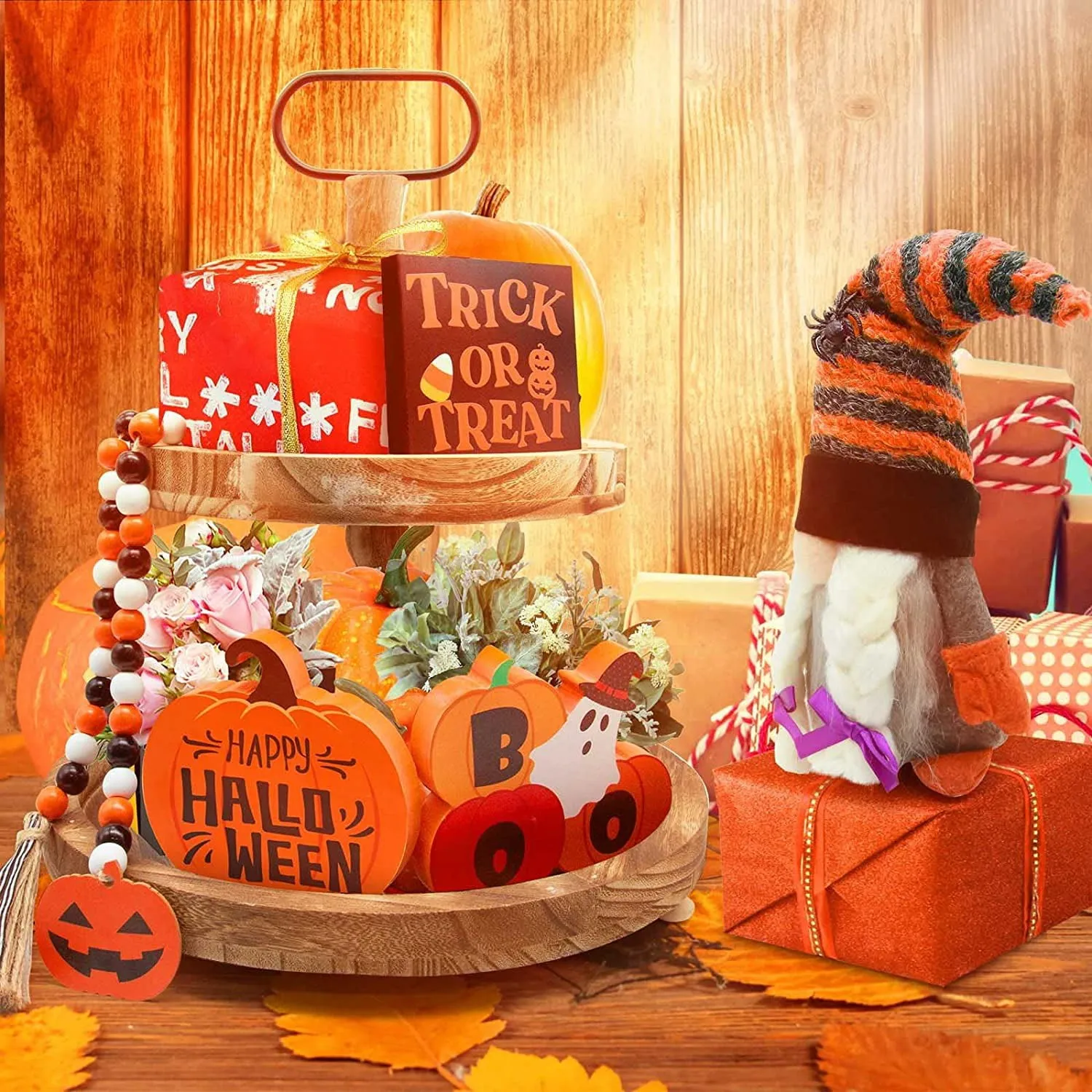 Halloween Creative Tray Decoration Set Including Trick or Treat Wooden Signs, Cute Gnome Plush and Bead Garland,Crafts Ornaments