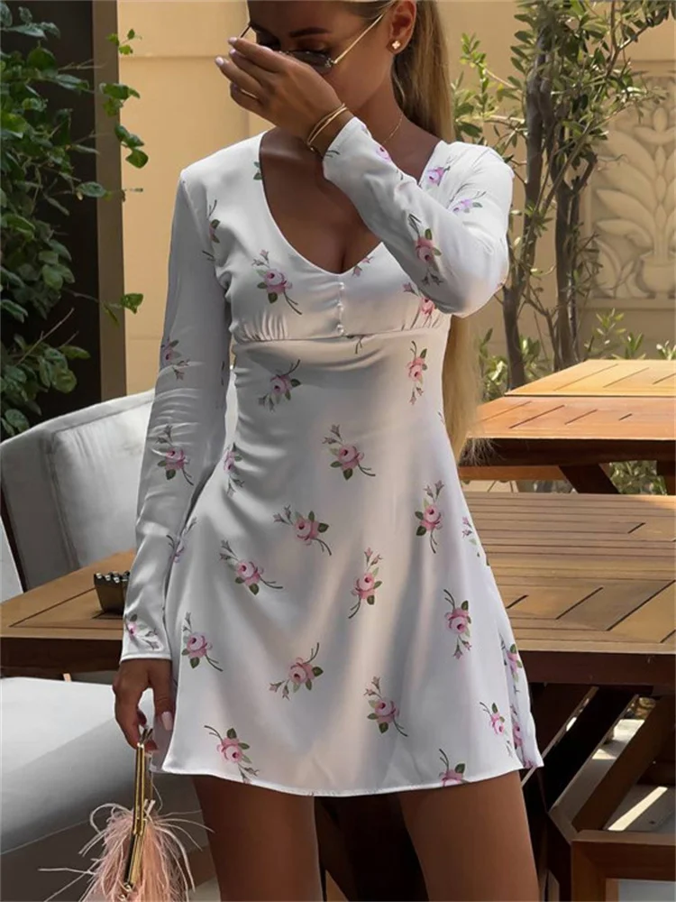 Tossy branco impresso com decote em v mini vestido feminino manga longa elegante contraste fino cetim commute vestido fino feminino vestido de festa 2025