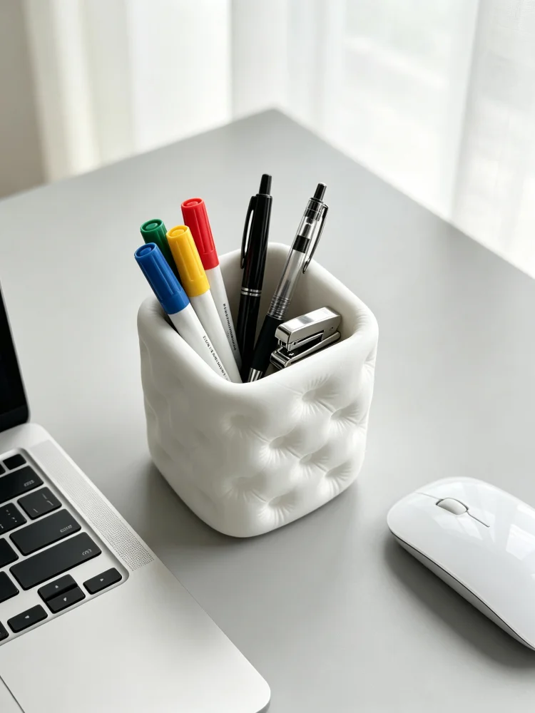 Sofa-Style Tufted Quilted Texture Multifunctional Pen Cup, Square Matte White Desktop Pen Holder, Durable and Smooth Plastic with a Stable Base, Compact Size That Doesn'T Take up Space on the Table, Desktop Storage Basket, Suitable for Office, Student, and Vanity Table Surfaces, Holds Various Stationery and Makeup Brushes, Modern Minimalist Desktop Decoration Piece