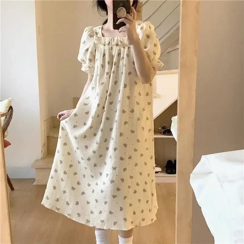 Pajamas Dress Mid Length Cartoon Cute Home Clothes Korea Nightwears for Ladies Long Dresses Bathrobe Sleeping Women Night Sleep