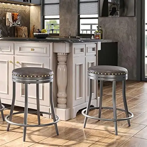 

Counter Height Stools Metal Kitchen Stools Set of 2 Swivel Faux Leather Chairs Farmhouse Barstools for Restaurant Dining, 24&#