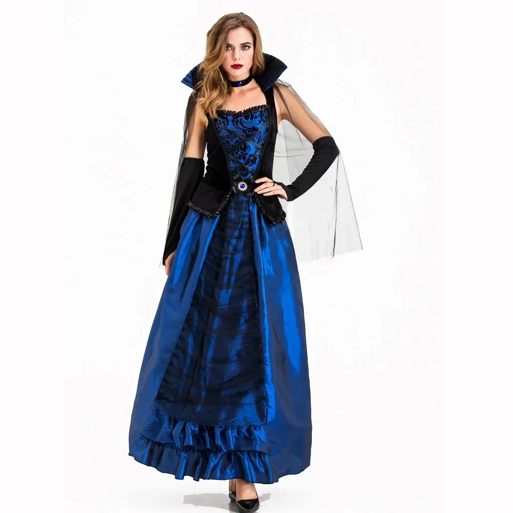 Adult Queen Of The Vampire Costume Blue Luxury Queen Fancy Party Dresses Womens Halloween Witch Performance Uniform