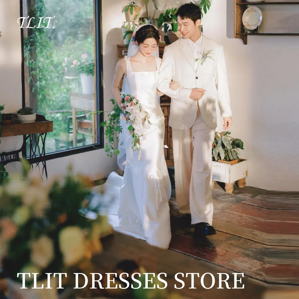 

TLIT Elegant White A-Line Wedding Dress Wide Spaghetti Strap with Bow Prom Gowns Korea Bridal Dress Photos Shoot Customized