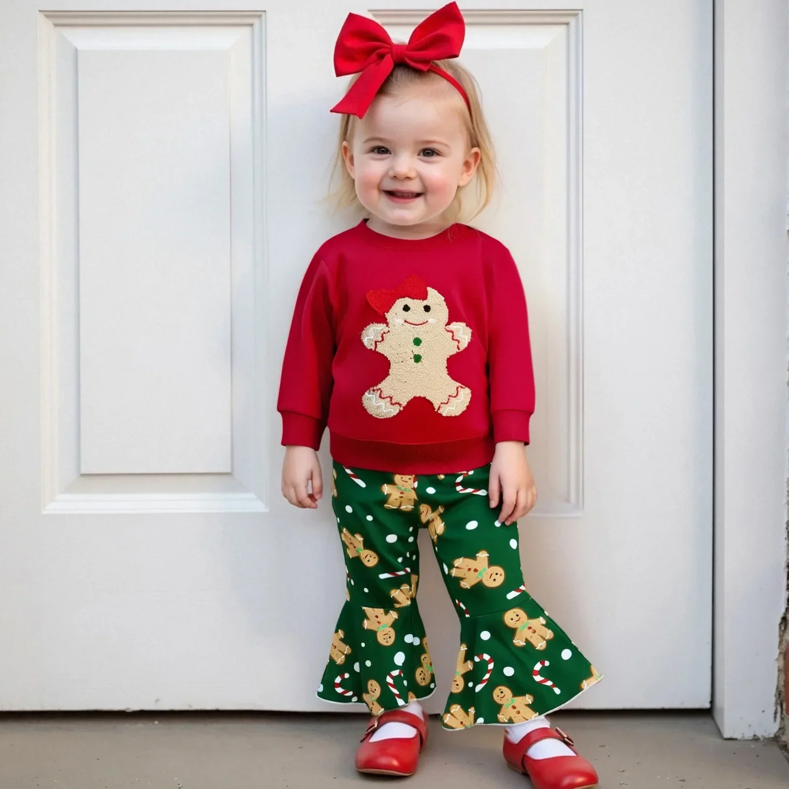 

0-3Y Baby Girl Clothes Christmas Cotton Sets Gingerbread Fuzzy Embroidered Red Sweatshirt and Green Flared Pants Festival Outfit