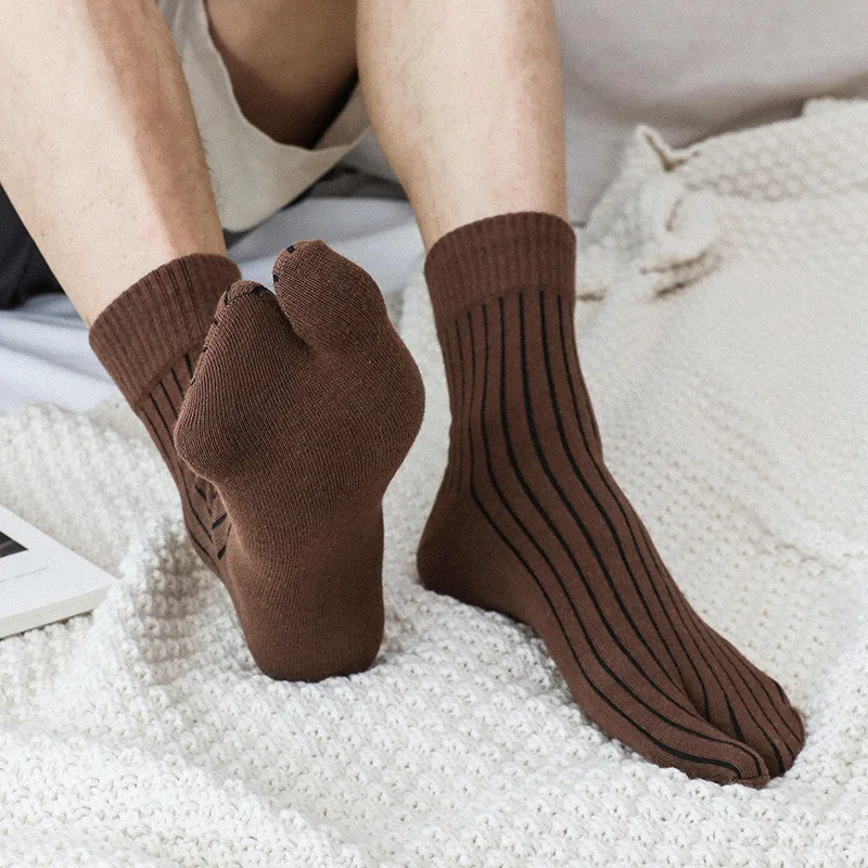 5 Pairs/lot Tabi Socks Men Cotton Autumn Winter Thick Middle Tube Striped Solid Color Sweat-absorbing Warm Split Toe Socks