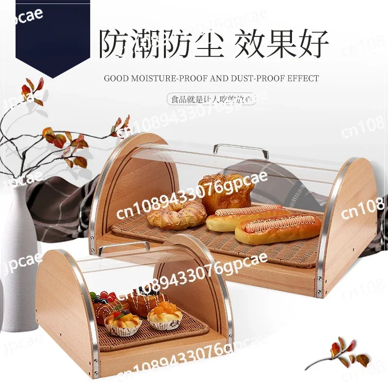 Transparent Covered Dustproof Bread Display Box Cabinet Baking Cake Point Storage Tray Tableware Buffet Wooden Frame