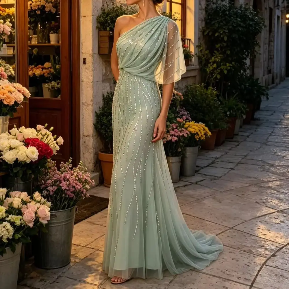 Customized Single Shoulder Sequined Chiffon Evening Gown 2026 A Hanging Shoulder Waist A-line Dance Dress Suitable for The Beach