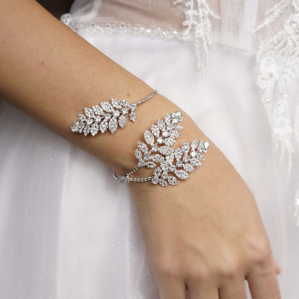 XSBODY Bridal Rhinestone Leaf Cuff Bracelet Jewelry for Women Exquisite Wedding Bracelet Open Bangle Crystal Hand Jewelry Gift