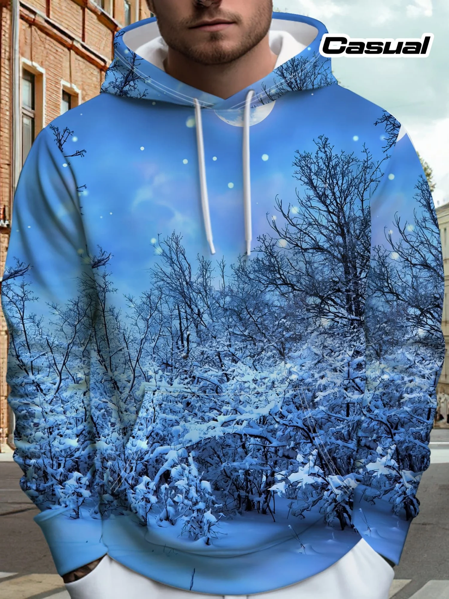 Men Winter Snow Forest Landscape 3D Print Hoodie Men Snowy Tree Scenery Long Sleeve Pullover Hooded Sweatshirt With Pocket