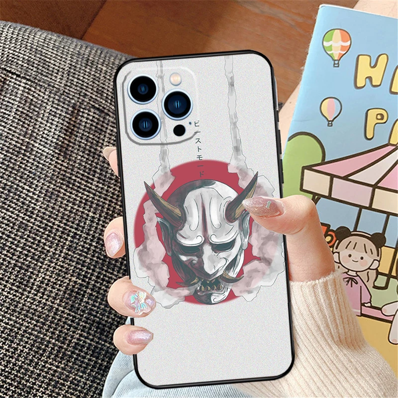 Oni Hannya Demon Mask Case For iPhone 15 13 12 11 14 Pro Max XR XS X 7 8 Plus SE 2020 12 13 Mini Bumper Cover Capa