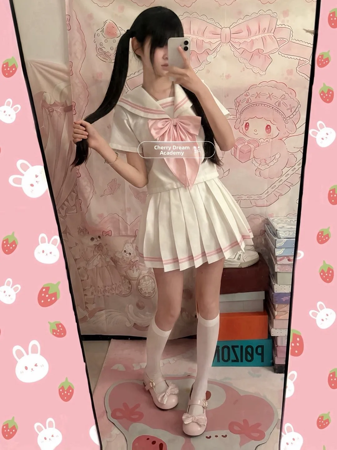 Strawberry Print Japanese Style Original JK Uniform Summer Basic College Fashion Polka Dot Sailor Suit Soft Girl Set Women