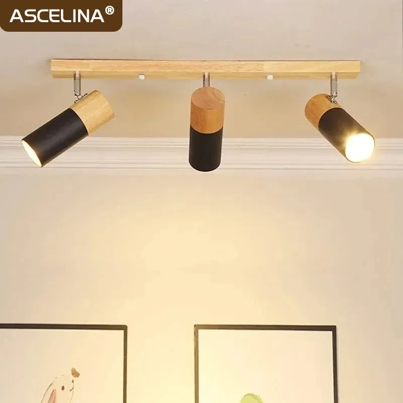 Nordic Wood Ceiling Spotlight, Single Head Rotatable 3 Color Dimmable LED Track Spot Light, Lighting Fixture for Living Room, Be