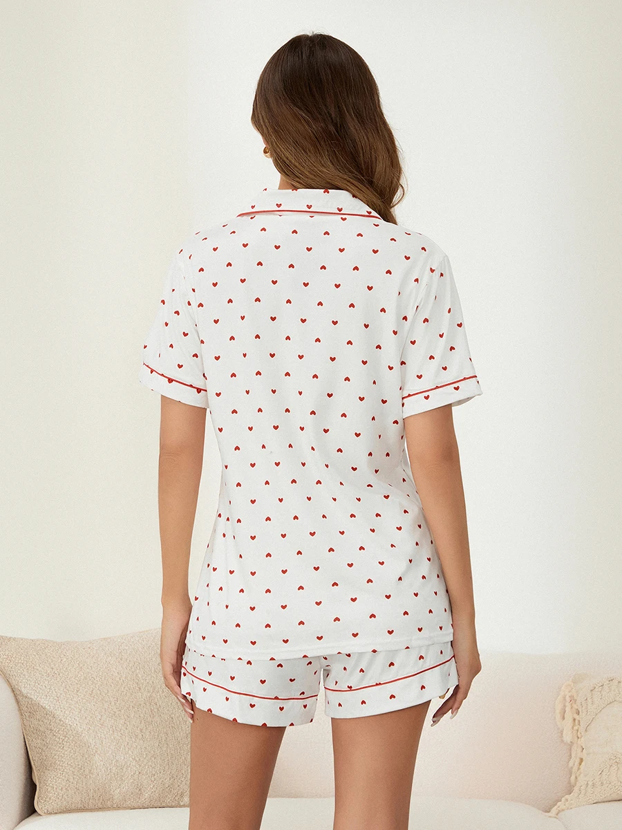 Women Pajamas Set 2 Pieces Loungewear Suits Heart Print Short Sleeve Loose Shirts Tops and Shorts Sleepwear Outfits