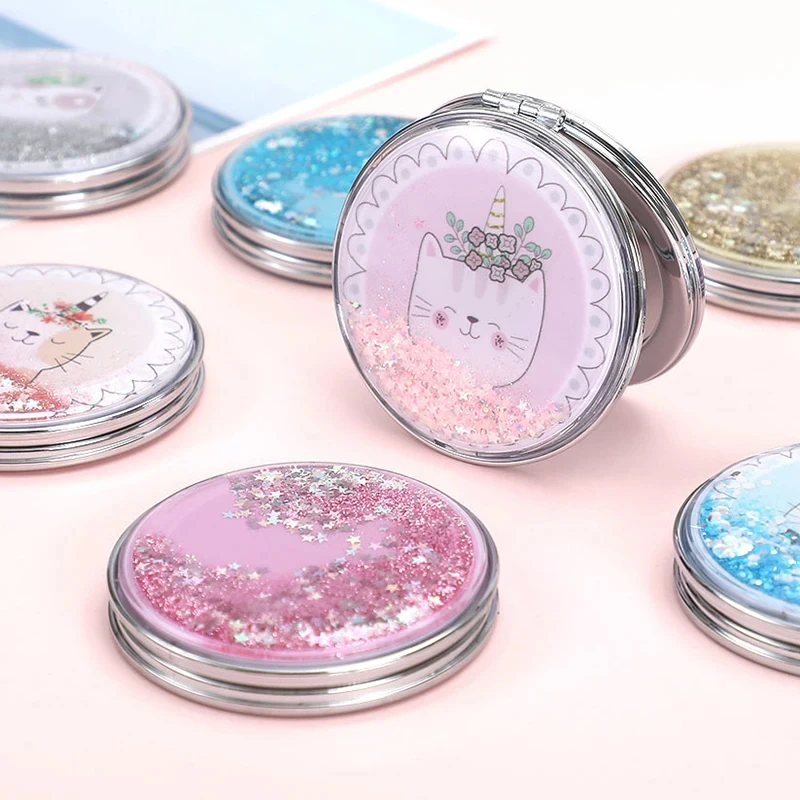 Creative Quicksand Round Makeup Mirror Portable Small Double-Sided Folding Cosmetic Mirror Cartoon Mirror Compact Pocket Mirrors