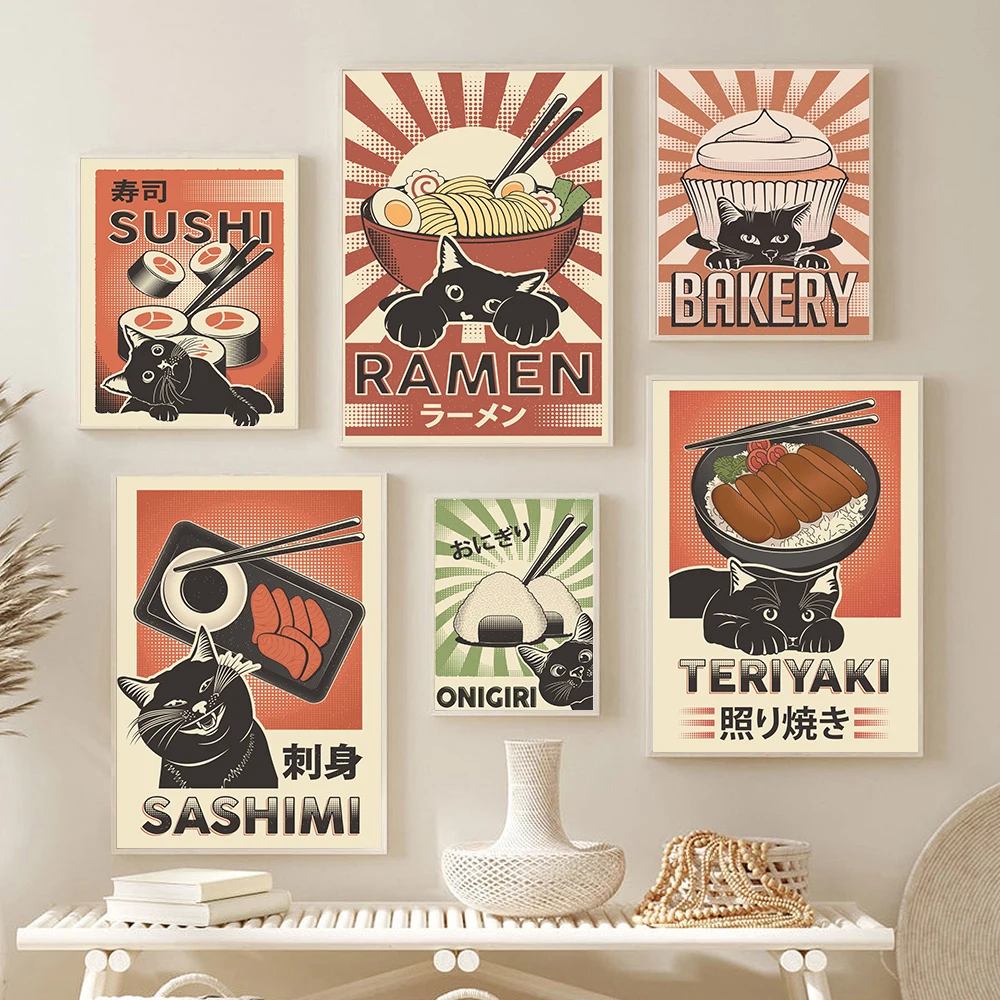 Vintage Japanese Food Teriyaki Sushi Onigiri Cat Art Posters Canvas Painting Wall Prints Picture for Living Room Kitchen Decor