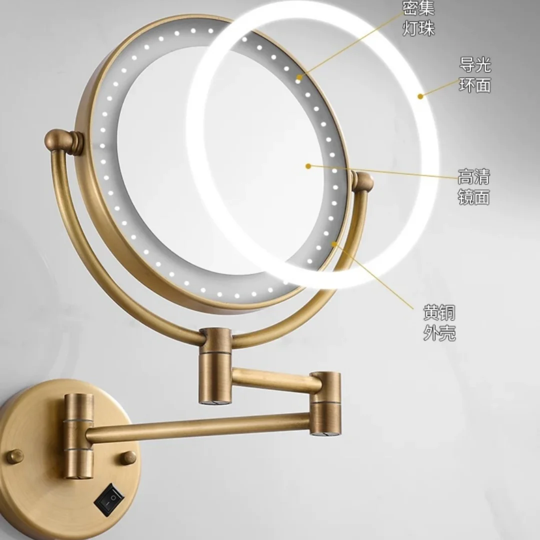 Antique Makeup Mirror Brass Wall Hanging Mirror 8 Inch Bathroom Mirror LED Light Folding Makeup Magnify Mirror 3 X Magnification