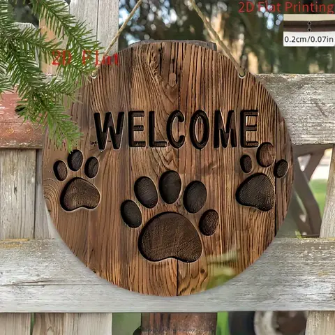 2D Flat, Farmhouse Style Round Wooden Welcome Sign with Dog Paw Print - Rustic Artificial Wood Wall Art for Home, Garden, Cafe,