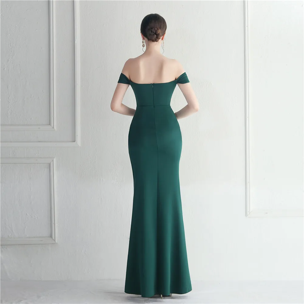 Women\'s Strapless Boat Neck Evening Dress Slit Sexy Open Back Slim Sweet Fresh Dress Wedding Dinner Dress