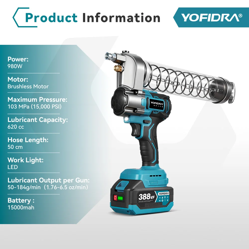 YOFIDRA 103Mpa Brushless Electric Grease Gun 15000PSI Oil Injector Fat Machine Grease Gun Power Tools For Makita 18V Battery Pin