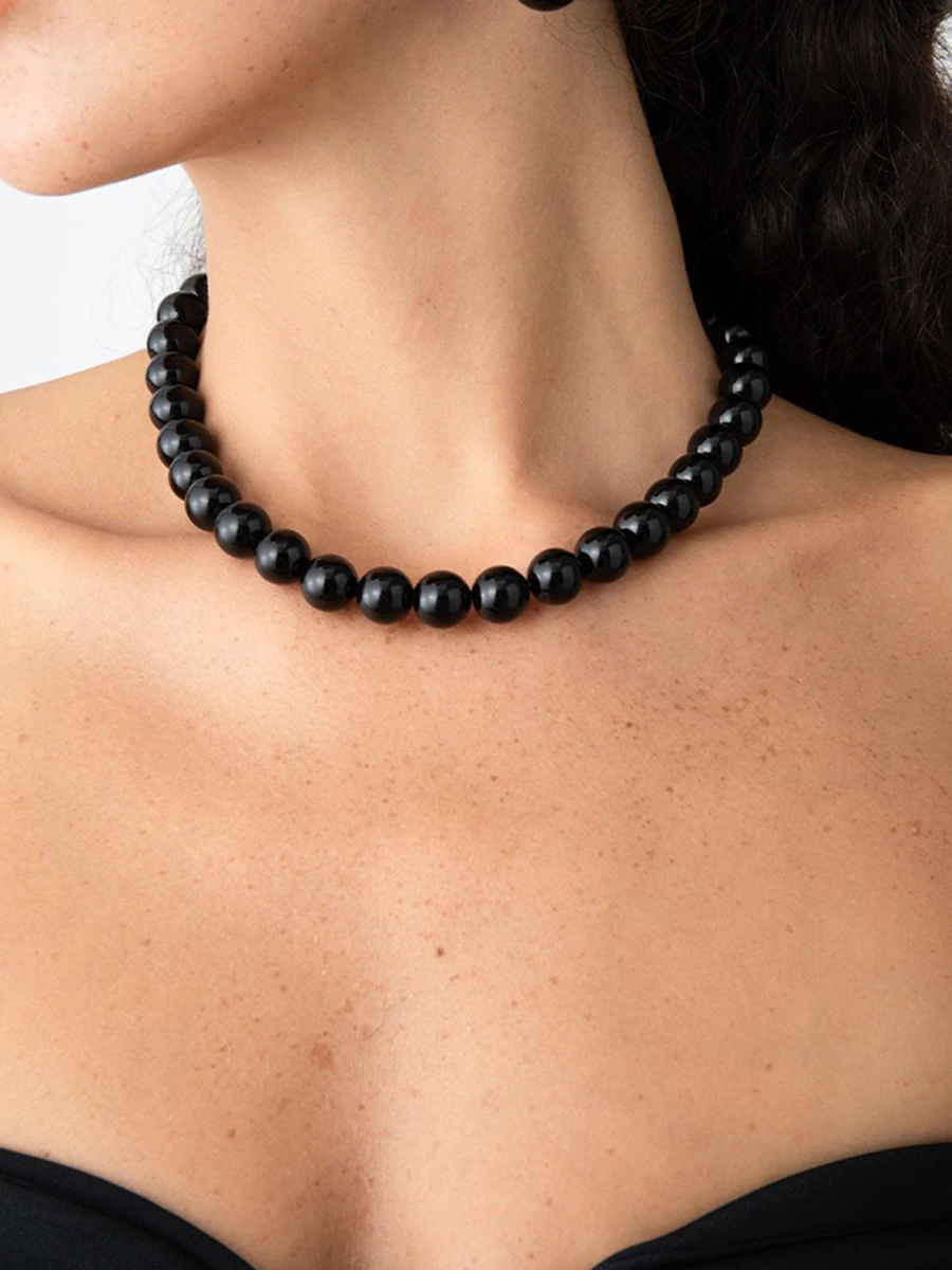 Black agate stone beaded necklace for women transparent ball magnetic clasp necklace minimalist summer holiday jewelry 2023 new
