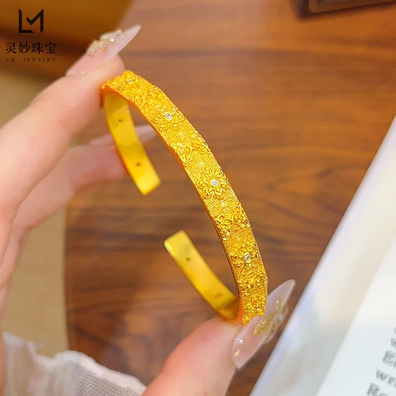 

Роскошные ювелирные изделия из настоящего золота 9999 24 карата с бриллиантами, браслет с цветами, открывающийся браслет в стиле ретро, темпераментный подарок для подруги