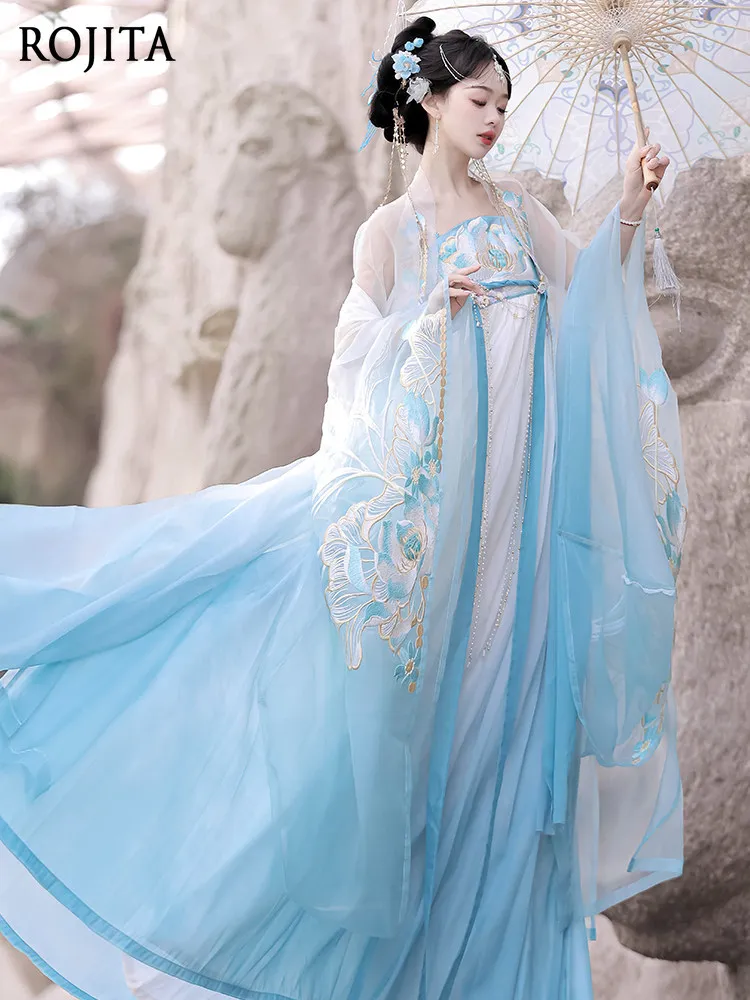 

Elegant Blue White Gorgeous Gradient Hanfu Dress 2026 New Embroidery Lotus Flower Sweet Girl Outfit 2 Colors Optional