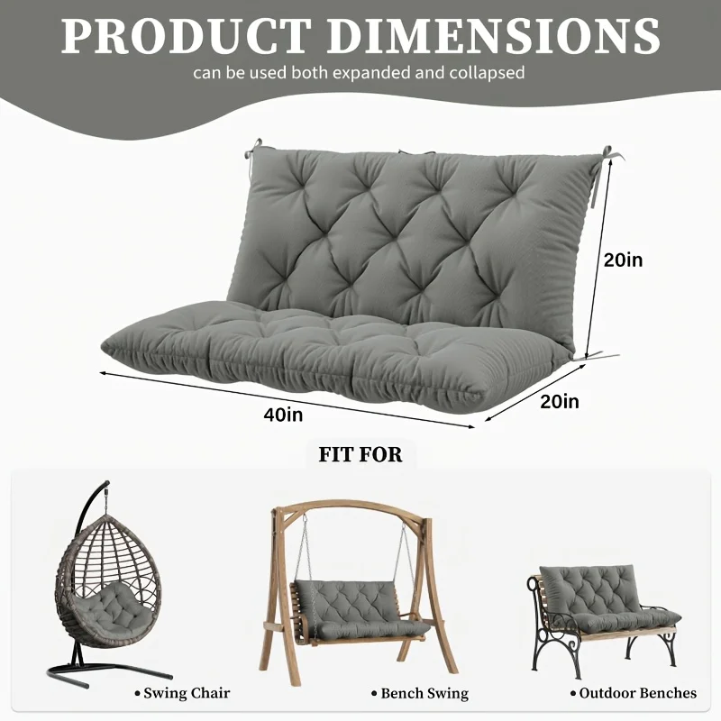 150x100cm Backrest Porch Swing Cushion 2-3 Person Outdoor Bench with Straps Replacement for Swings on Patios Gardens Backyards