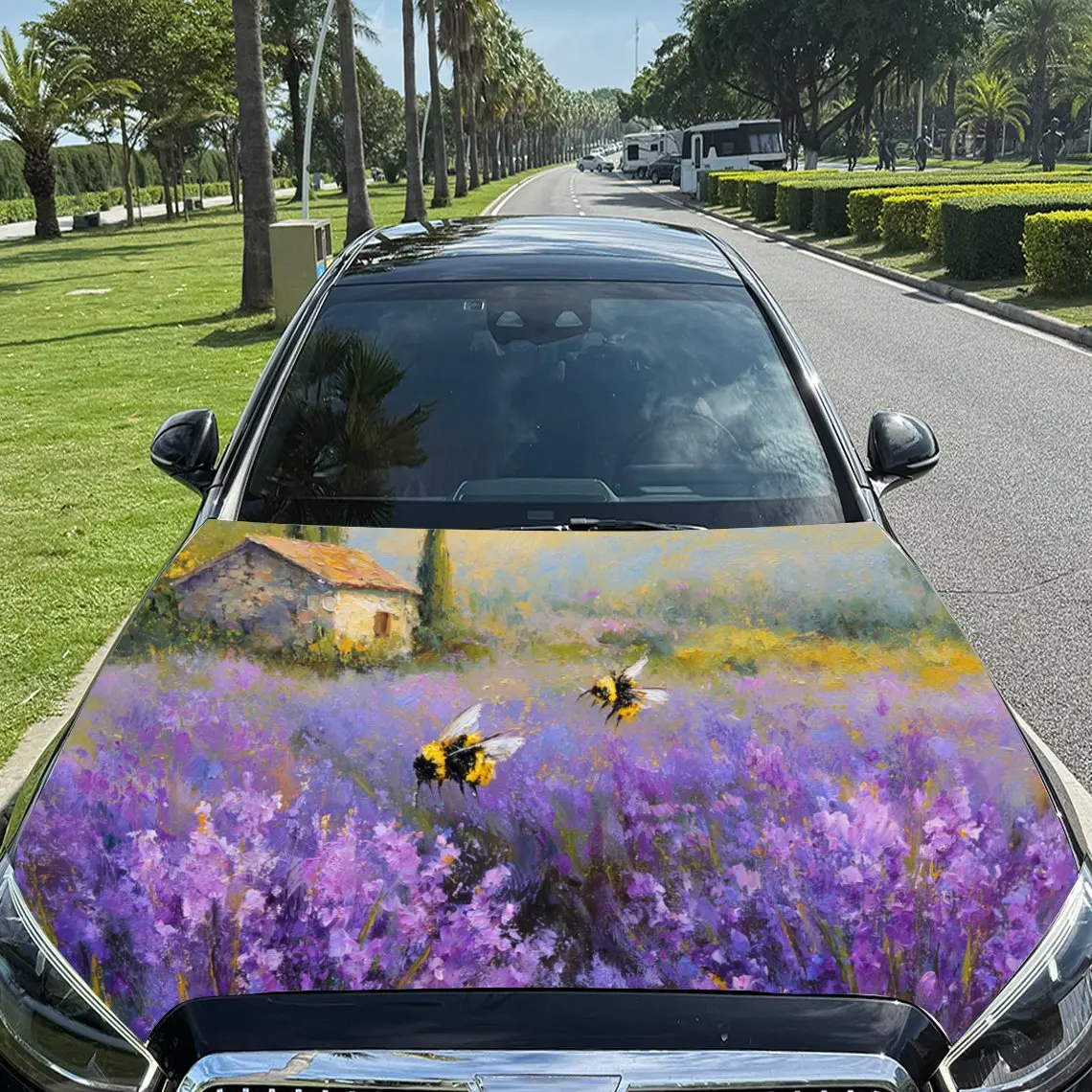 

Dreamy Lavender and Bee World PVC Car Engine Hood Vinyl Wraps, Self-Adhesive Waterproof Car Hood Decal Sticker, Car Decoration P