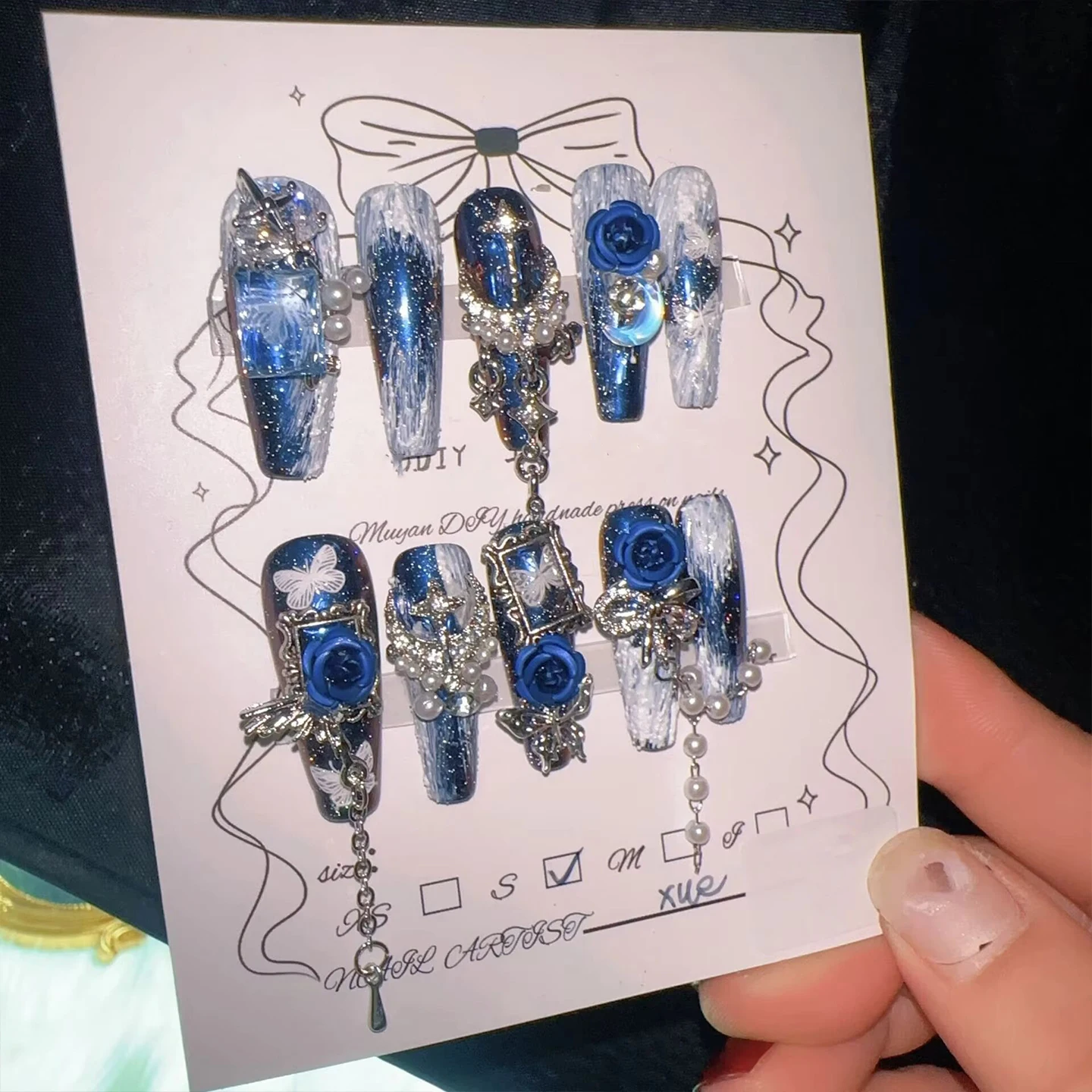 Midnight Star Blue Gothic Press On Nails Extra Long Blue Rose Pearl Chain Crystal Frame Heavy Duty Handmade Dark Nail Art Set