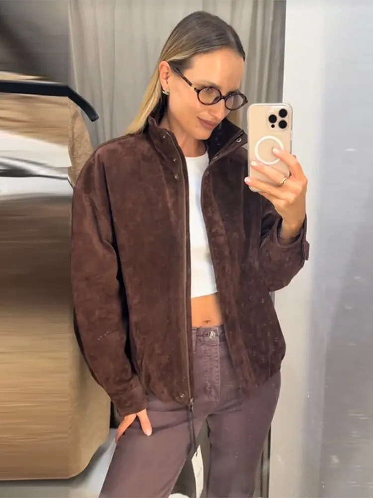 Vintage Brown Suede Short Jacket Women Elegant Stand Long Sleeve