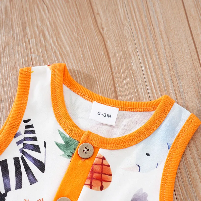 Summer Newborn Boys And Girls Cute Cartoon Animal Print Comfortable Casual Sleeveless Baby Bodysuit