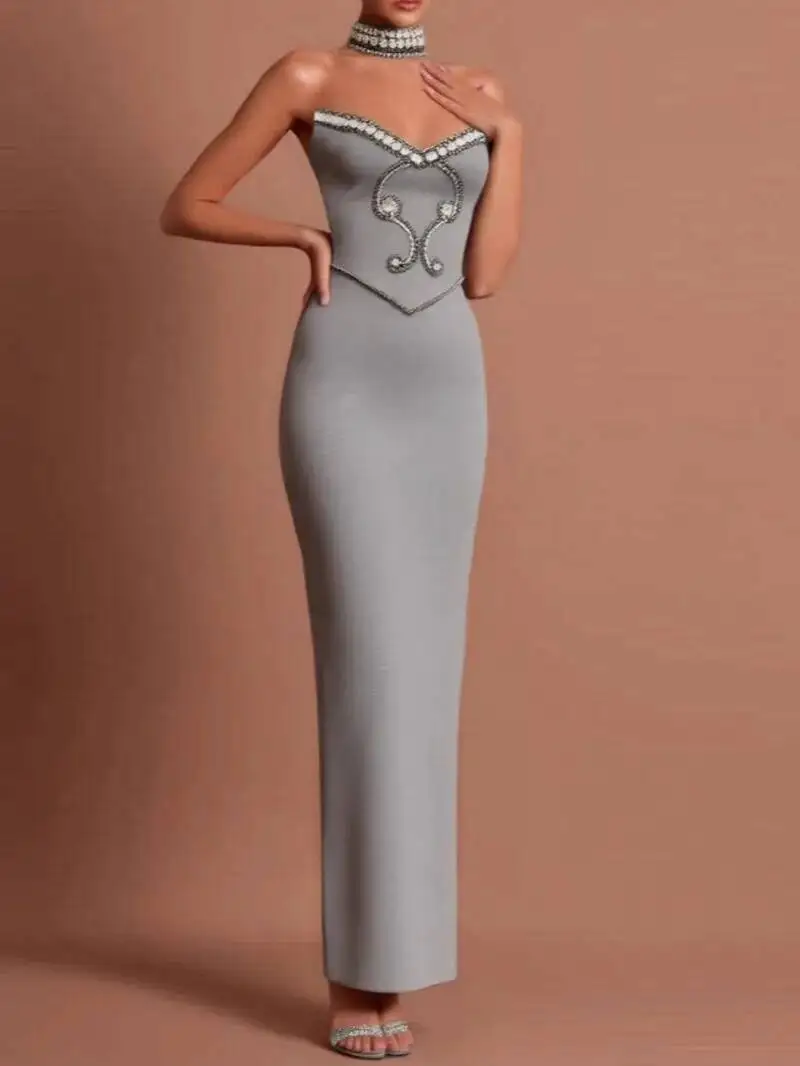 

Высококачественное вечернее платье без бретелек с бисером и цепочкой, элегантное, для вечеринок, клубов, дней рождения, 3STU