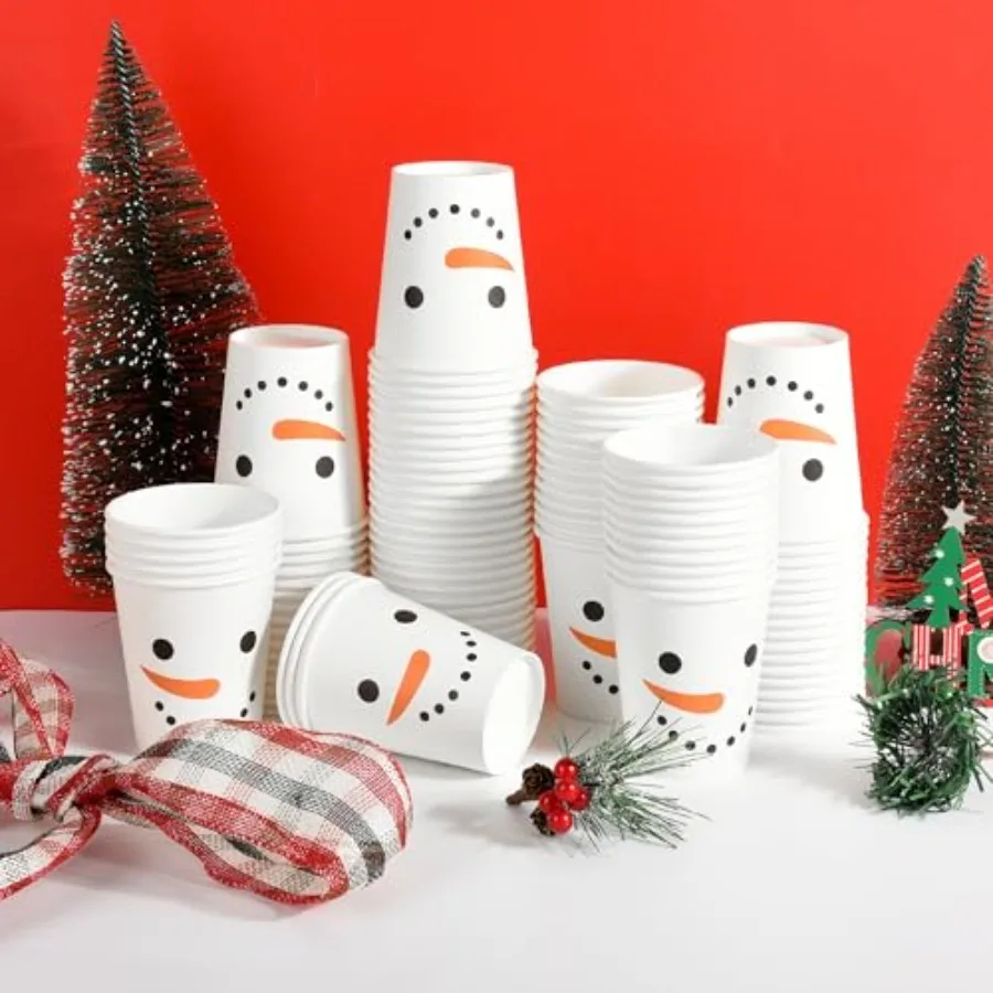 100Pcs Christmas Snowman Party Cups Xmas Disposable Paper Cups Festive Winter Smiling Snowman Face 9 Oz Drinking Cups for Bever